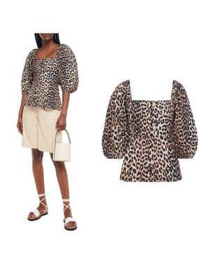 Ganni leopard printed cotton poplin puff sleeve top small